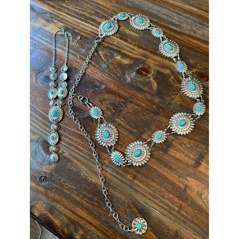 Western Silver Tone Turquoise Concho Chain Belt and Matching Necklace Set